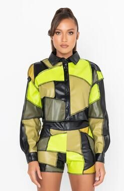 AKIRA Shades of Green Faux Leather Patchwork Button Down Cropped Jacket M